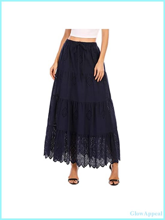 Dresses & Skirts - Women's Boho Cotton Embroidered Tiered Maxi Skirt Elastic High Waist A-Line